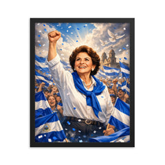 Violeta Chamorro in blue and white rally framed print on a plain backdrop in size 16"x20".