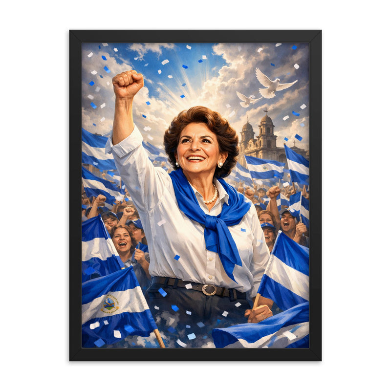 Violeta Chamorro in blue and white rally framed print on a plain backdrop in size 18