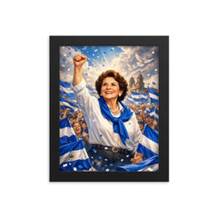 Violeta Chamorro in blue and white rally framed print on a plain backdrop in size 8"x10".