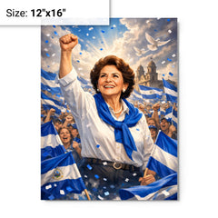 Violeta Chamorro in blue and white rally metal print on a plain backdrop in size 12"x16".