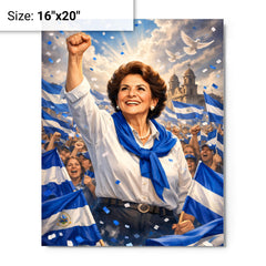 Violeta Chamorro in blue and white rally metal print on a plain backdrop in size 16"x20".
