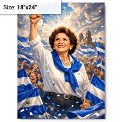 Violeta Chamorro in blue and white rally metal print on a plain backdrop in size 18"x24".