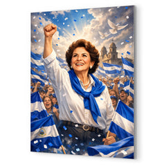 Violeta Chamorro in blue and white rally metal print mockup