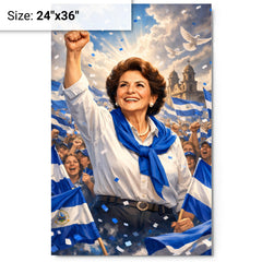 Violeta Chamorro in blue and white rally metal print on a plain backdrop in size 24"x36".