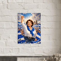 Violeta Chamorro in blue and white rally metal print mockup