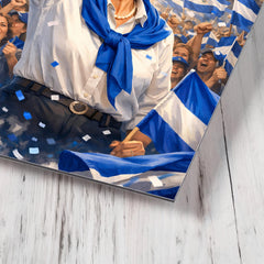 Violeta Chamorro in blue and white rally metal print mockup