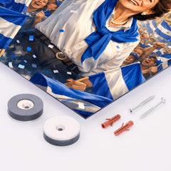 Violeta Chamorro in blue and white rally metal print mockup