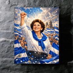 Violeta Chamorro in blue and white rally metal print mockup