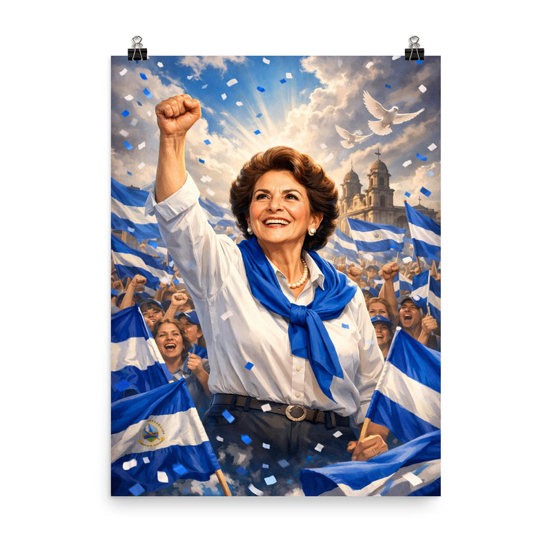 Violeta Chamorro in blue and white rally poster on a plain backdrop in size 8