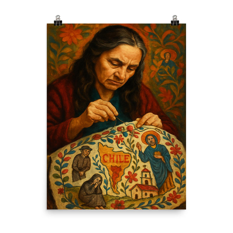Violeta Parra embroidering Chilean sorrows and saints poster on a plain backdrop in size 8
