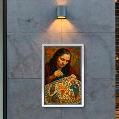 Violeta Parra embroidering Chilean sorrows and saints poster 2