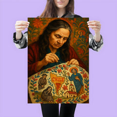 Violeta Parra embroidering Chilean sorrows and saints poster 3