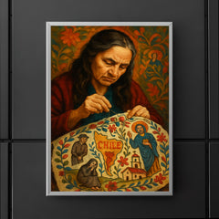 Violeta Parra embroidering Chilean sorrows and saints poster 5