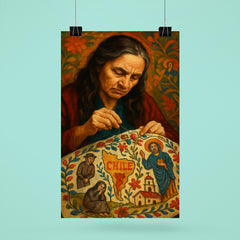Violeta Parra embroidering Chilean sorrows and saints poster 6