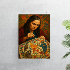Violeta Parra embroidering Chilean sorrows and saints poster 7