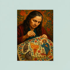 Violeta Parra embroidering Chilean sorrows and saints poster 8