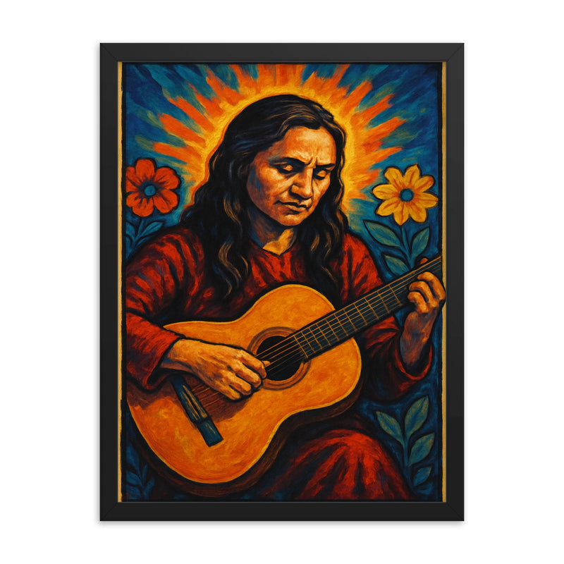 Violeta Parra framed print on a plain backdrop in size 18