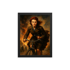 Violette Szabo cycling into danger with hidden weapon framed print on a plain backdrop in size 12"x16".