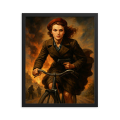 Violette Szabo cycling into danger with hidden weapon framed print on a plain backdrop in size 16"x20".