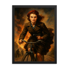 Violette Szabo cycling into danger with hidden weapon framed print on a plain backdrop in size 18"x24".