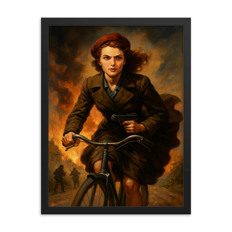 Violette Szabo cycling into danger with hidden weapon framed print on a plain backdrop in size 18