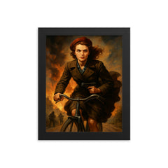 Violette Szabo cycling into danger with hidden weapon framed print on a plain backdrop in size 8"x10".