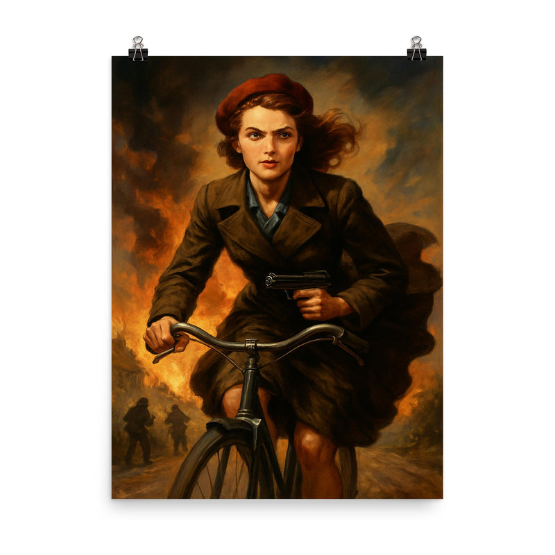 Violette Szabo cycling into danger with hidden weapon poster on a plain backdrop in size 8