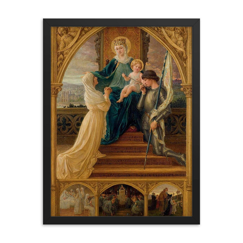Virgin and Child Between Saint Genevieve and Joan of Arc by Elisabeth Sonrel, 1916 framed print on a plain backdrop in size 18