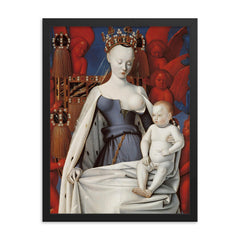 Virgin and Child Surrounded by Angels by Jean Fouquet, 1450 framed print on a plain backdrop in size 18"x24".