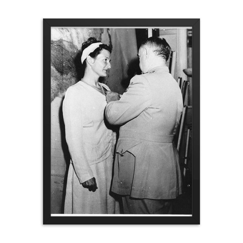 Virginia Hall framed print on a plain backdrop in size 18