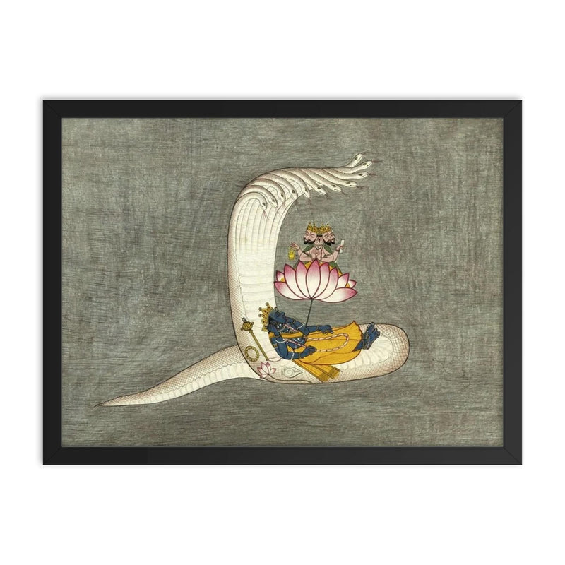 Vishnu lying in yoga nidra on Sheshanaga, Brahma, cosmic Hindu universe art framed print on a plain backdrop in size 18