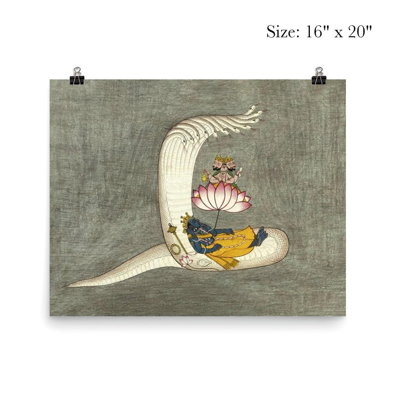 Vishnu lying in yoga nidra on Sheshanaga, Brahma, cosmic Hindu universe art poster 2