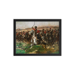Vive L'Empereur by Édouard Detaille, 1891 - French 4th Hussar Regiment at the Battle of Friedland framed print on a plain backdrop in size 12"x16".