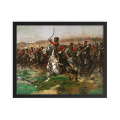 Vive L'Empereur by Édouard Detaille, 1891 - French 4th Hussar Regiment at the Battle of Friedland framed print on a plain backdrop in size 16"x20".