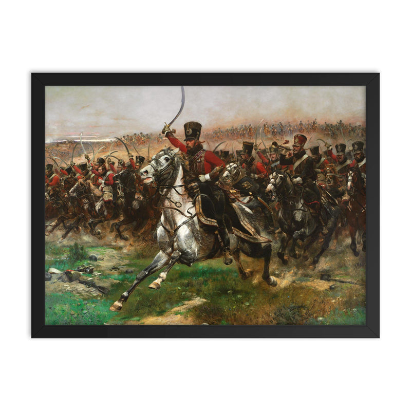 Vive L'Empereur by Édouard Detaille, 1891 - French 4th Hussar Regiment at the Battle of Friedland framed print on a plain backdrop in size 18