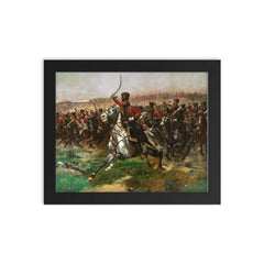 Vive L'Empereur by Édouard Detaille, 1891 - French 4th Hussar Regiment at the Battle of Friedland framed print on a plain backdrop in size 8"x10".