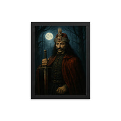 Vlad the Impaler in moonlit Wallachian forest framed print on a plain backdrop in size 12"x16".