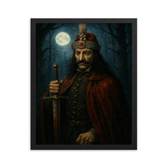 Vlad the Impaler in moonlit Wallachian forest framed print on a plain backdrop in size 16"x20".