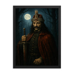 Vlad the Impaler in moonlit Wallachian forest framed print on a plain backdrop in size 18"x24".
