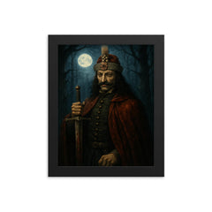 Vlad the Impaler in moonlit Wallachian forest framed print on a plain backdrop in size 8"x10".