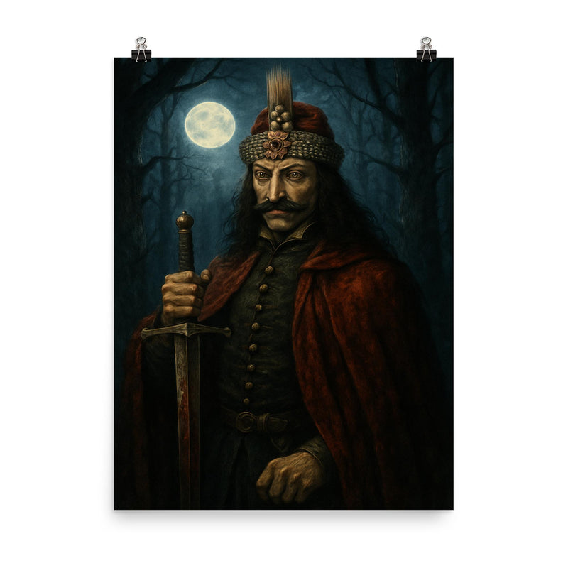 Vlad the Impaler in moonlit Wallachian forest poster on a plain backdrop in size 8
