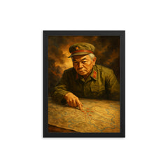 Vo Nguyen Giap at Dien Bien Phu map framed print on a plain backdrop in size 12"x16".