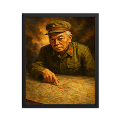 Vo Nguyen Giap at Dien Bien Phu map framed print on a plain backdrop in size 16"x20".
