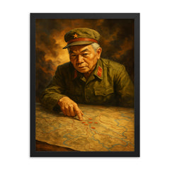 Vo Nguyen Giap at Dien Bien Phu map framed print on a plain backdrop in size 18"x24".