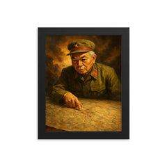Vo Nguyen Giap at Dien Bien Phu map framed print on a plain backdrop in size 8"x10".