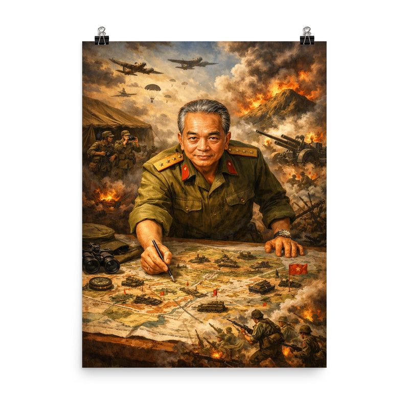 Vo Nguyen Giap at Dien Bien Phu map poster on a plain backdrop in size 8