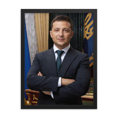 Volodymyr Zelenskyy framed print on a plain backdrop in size 18"x24".