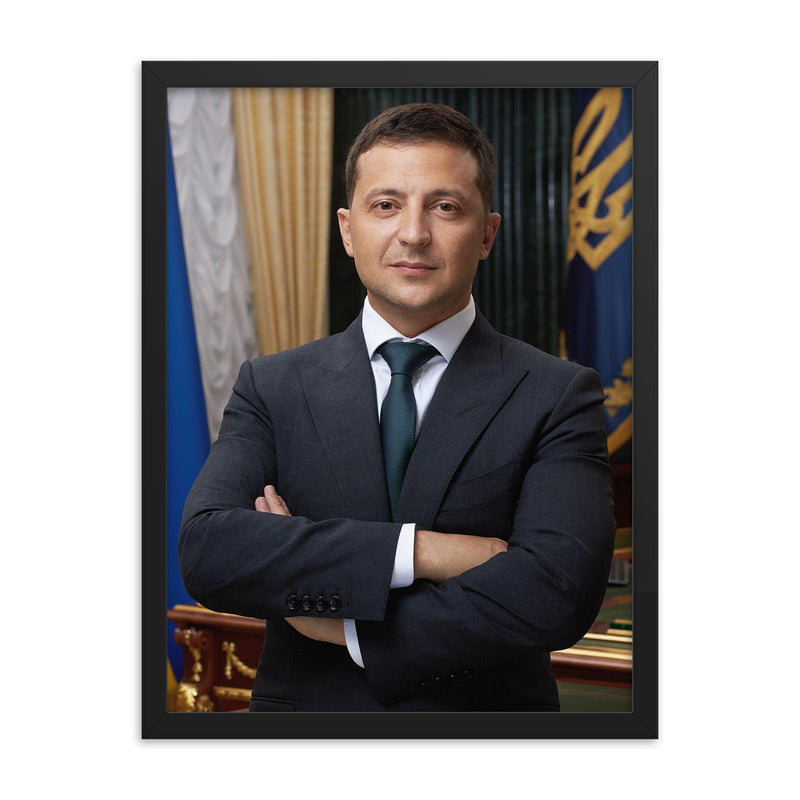 Volodymyr Zelenskyy framed print on a plain backdrop in size 18