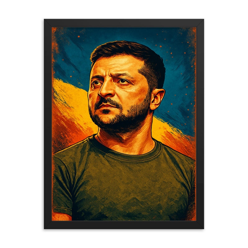 Volodymyr Zelenskyy framed print on a plain backdrop in size 18