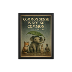 Voltaire quote common sense animal shelter rain inspiring poster framed print on a plain backdrop in size 12"x16".